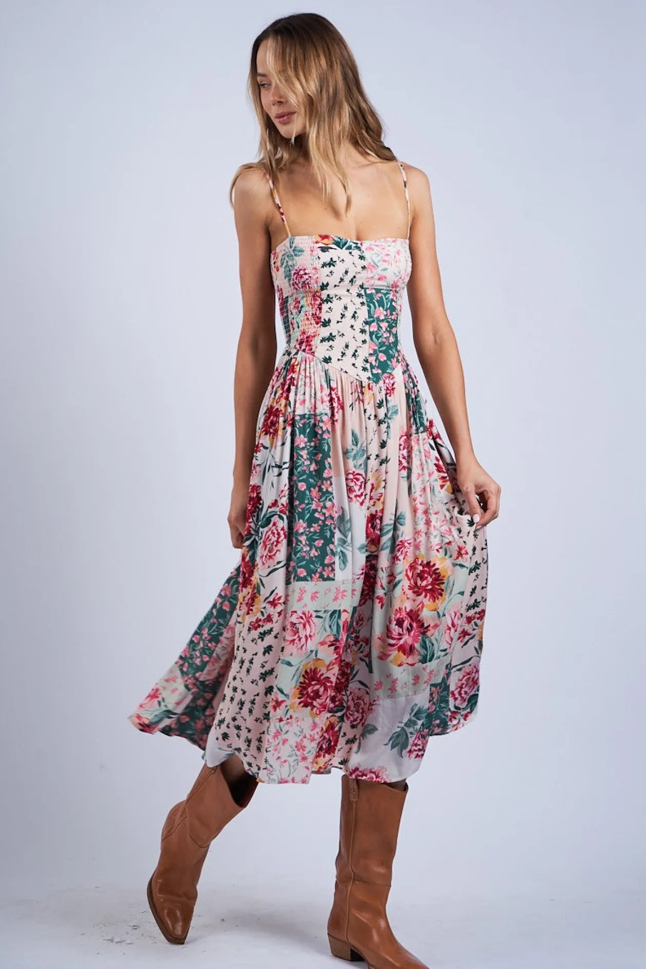 Ayla Patchwork Smocked Midi Dress