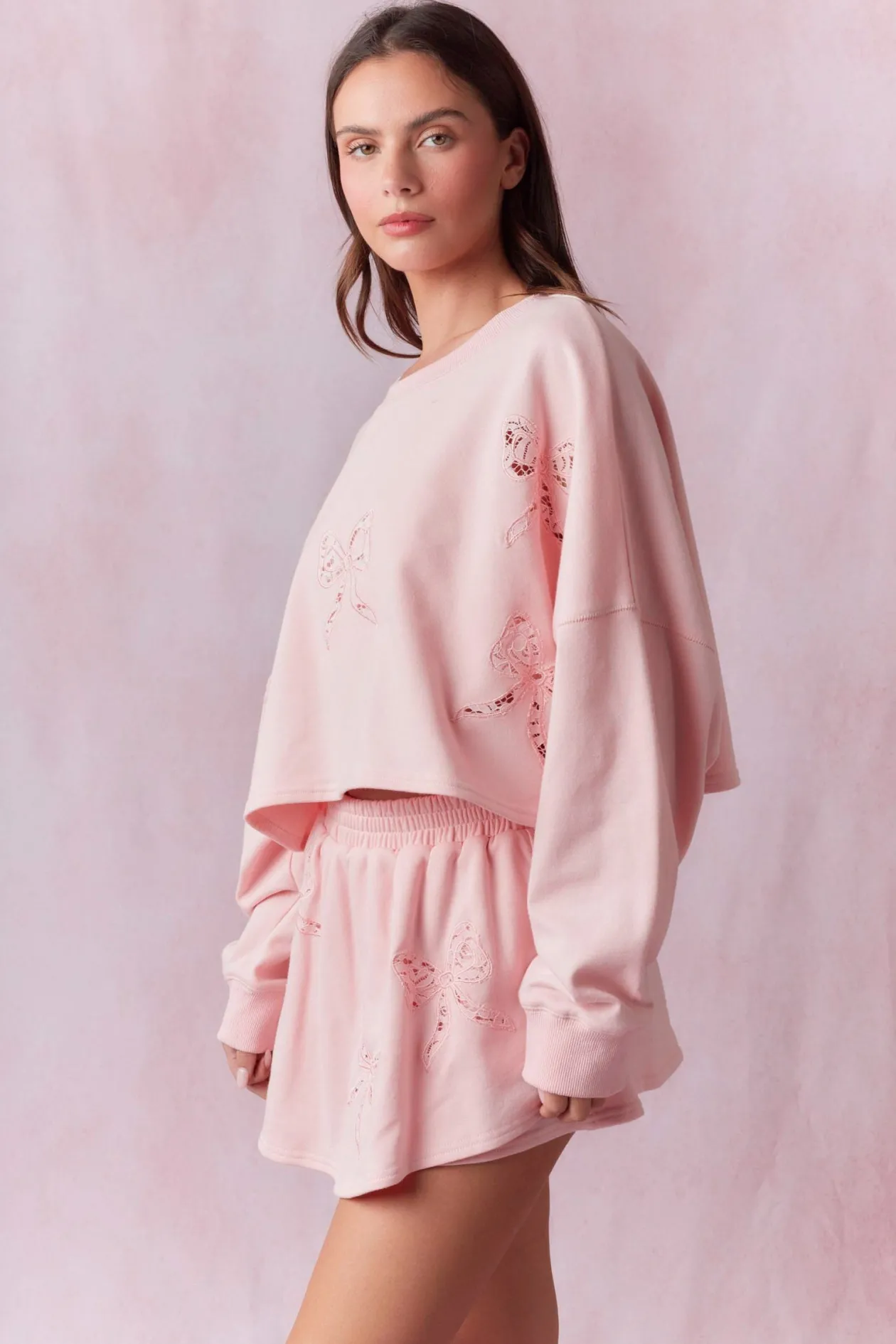 Bow Lace Laser Cut Embellished Terry Top