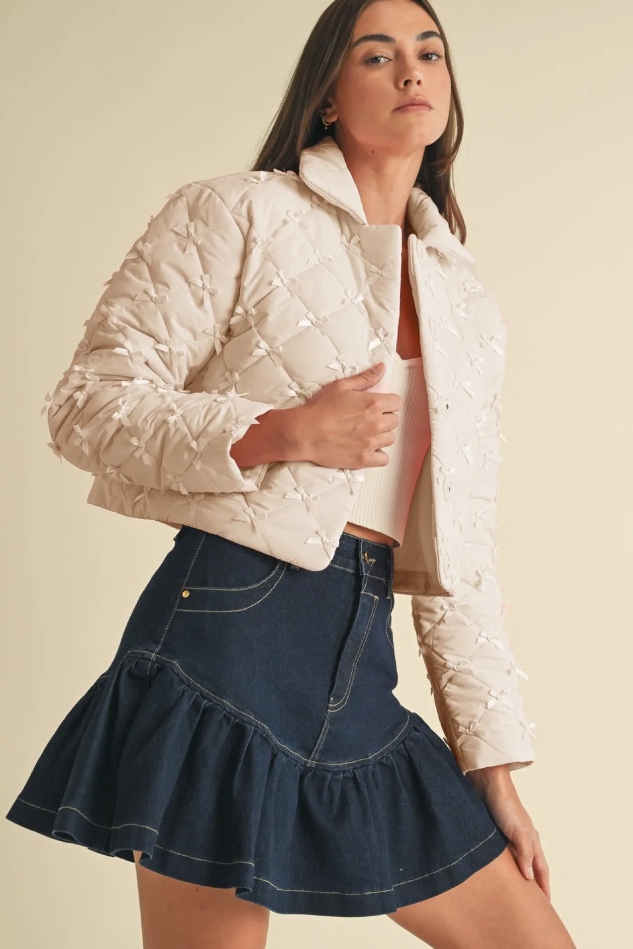 Bow Puffer Jacket in Cream