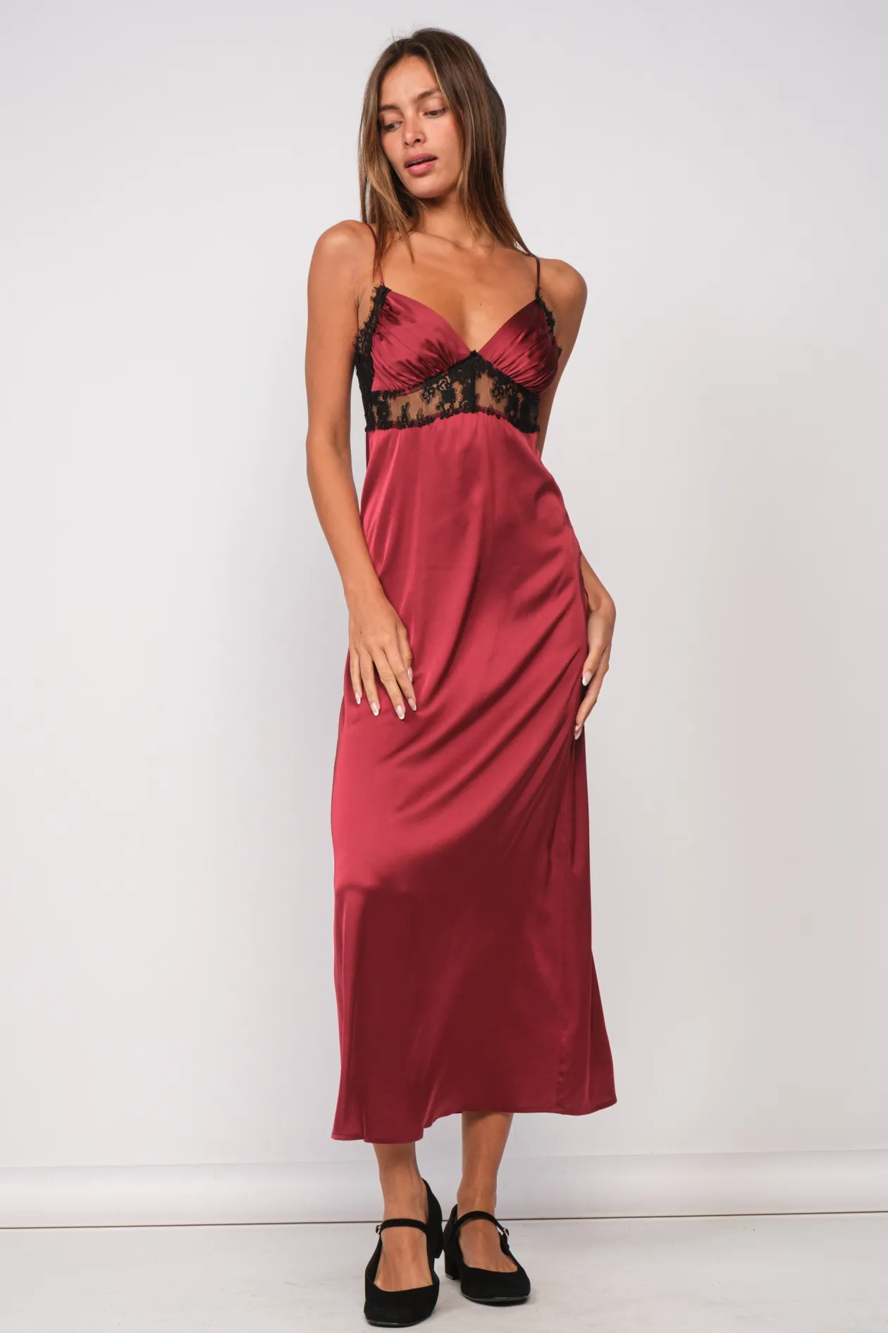 Burgundy Satin Lace Trim Midi Dress