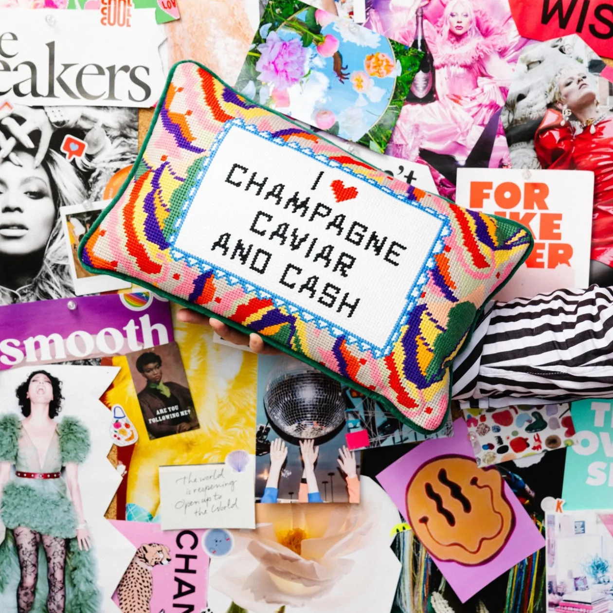 Caviar and Cash Needlepoint Pillow