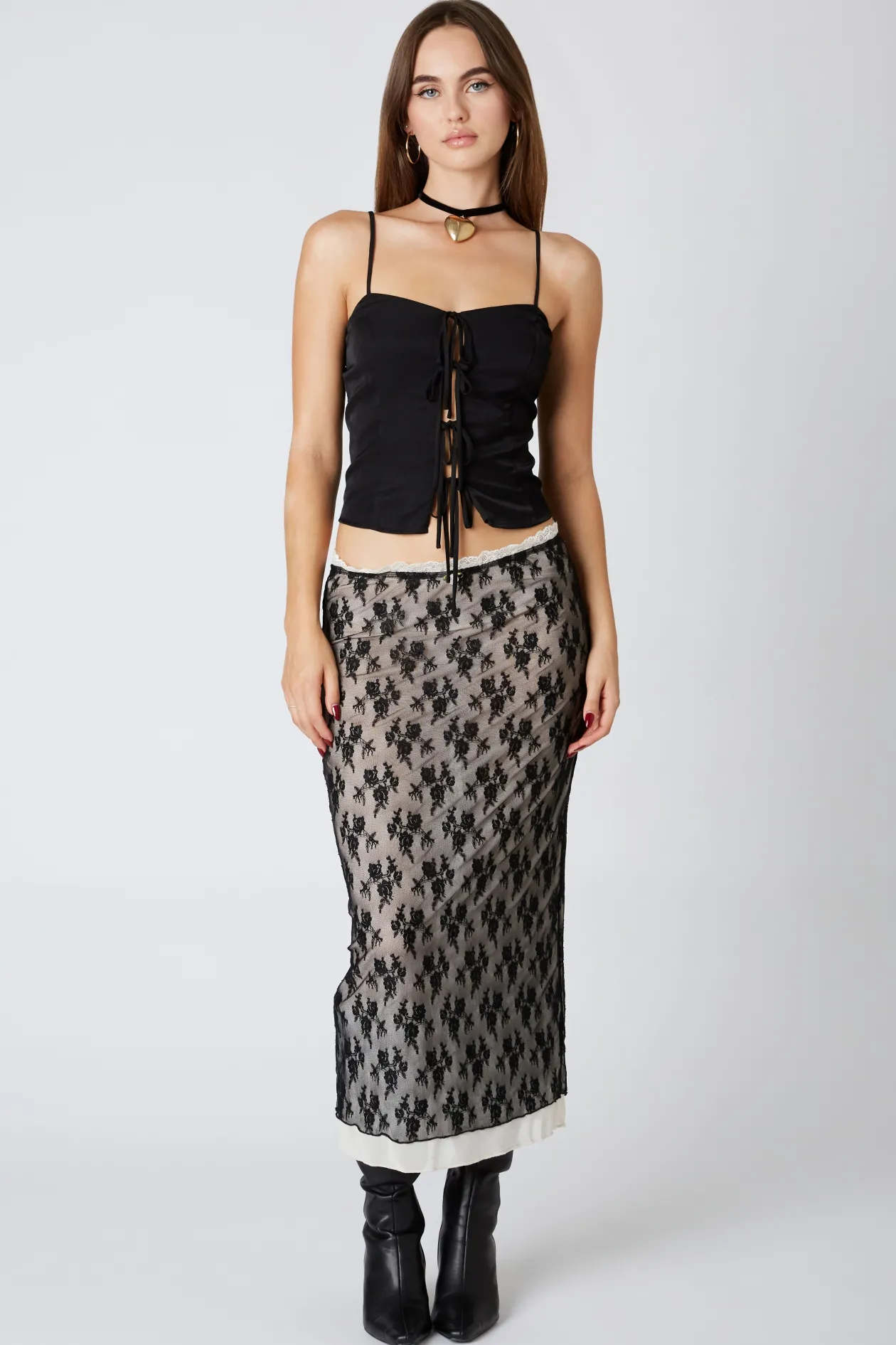 Floral Lace Overlay Midi Skirt