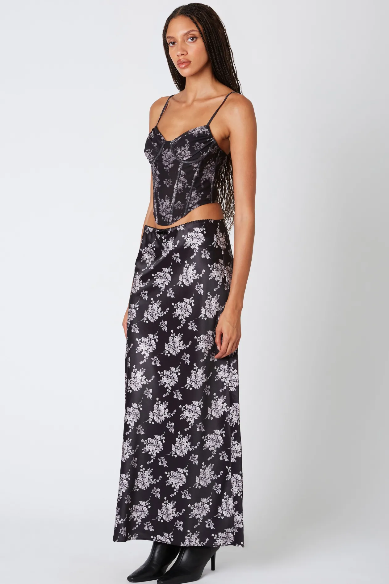 Floral Print Bias Midi Skirt in Black
