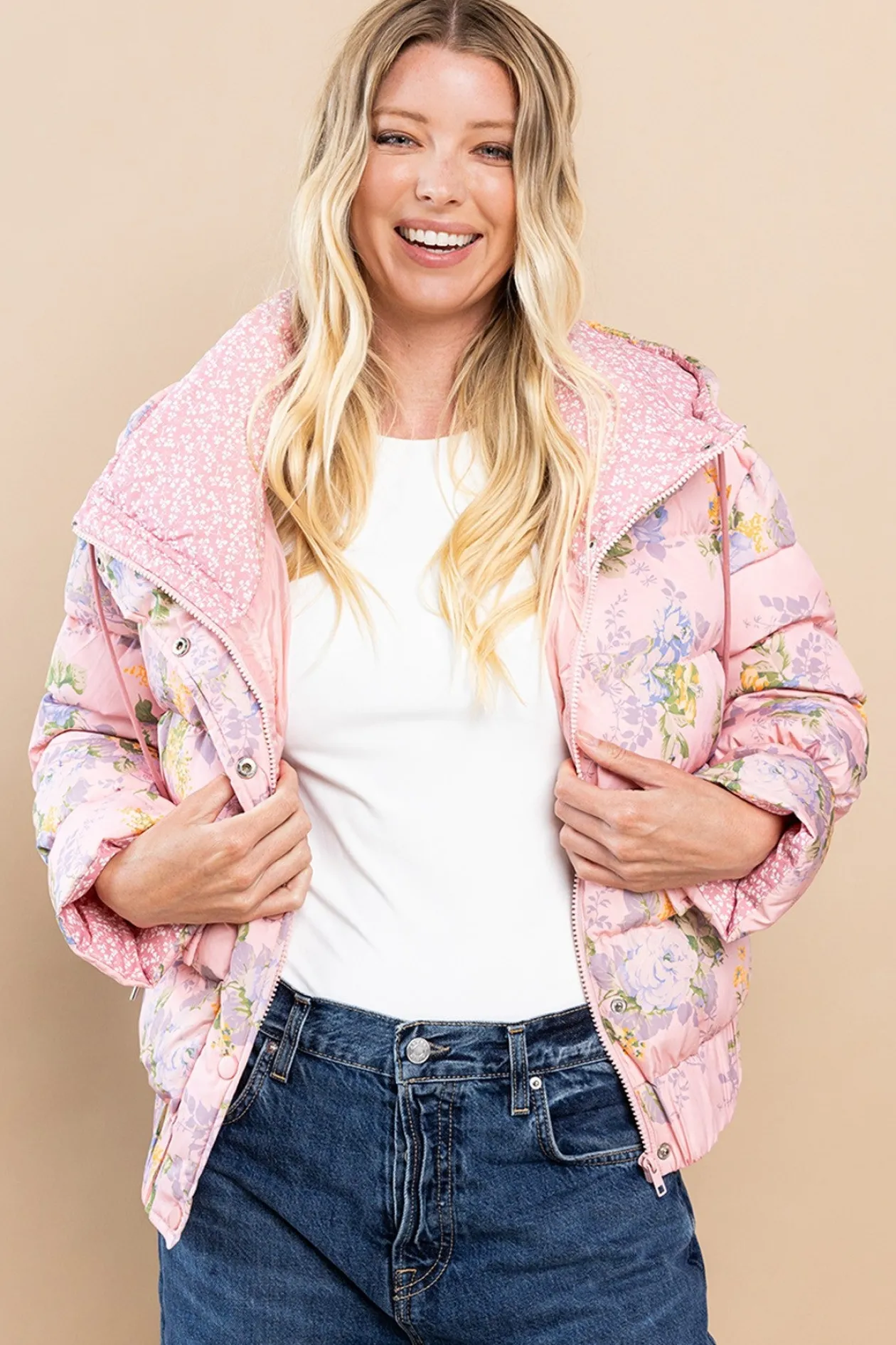 Floral Puffer Jacket in Pink