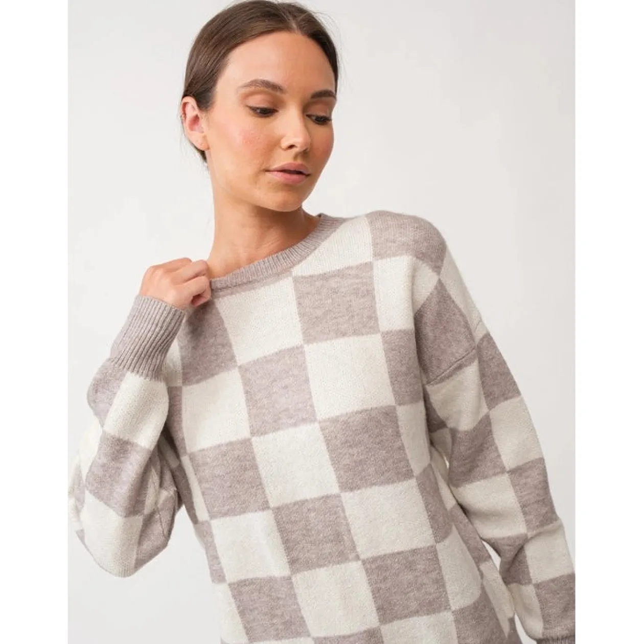 Gracelynn Checker Knit Sweater in Heather Grey