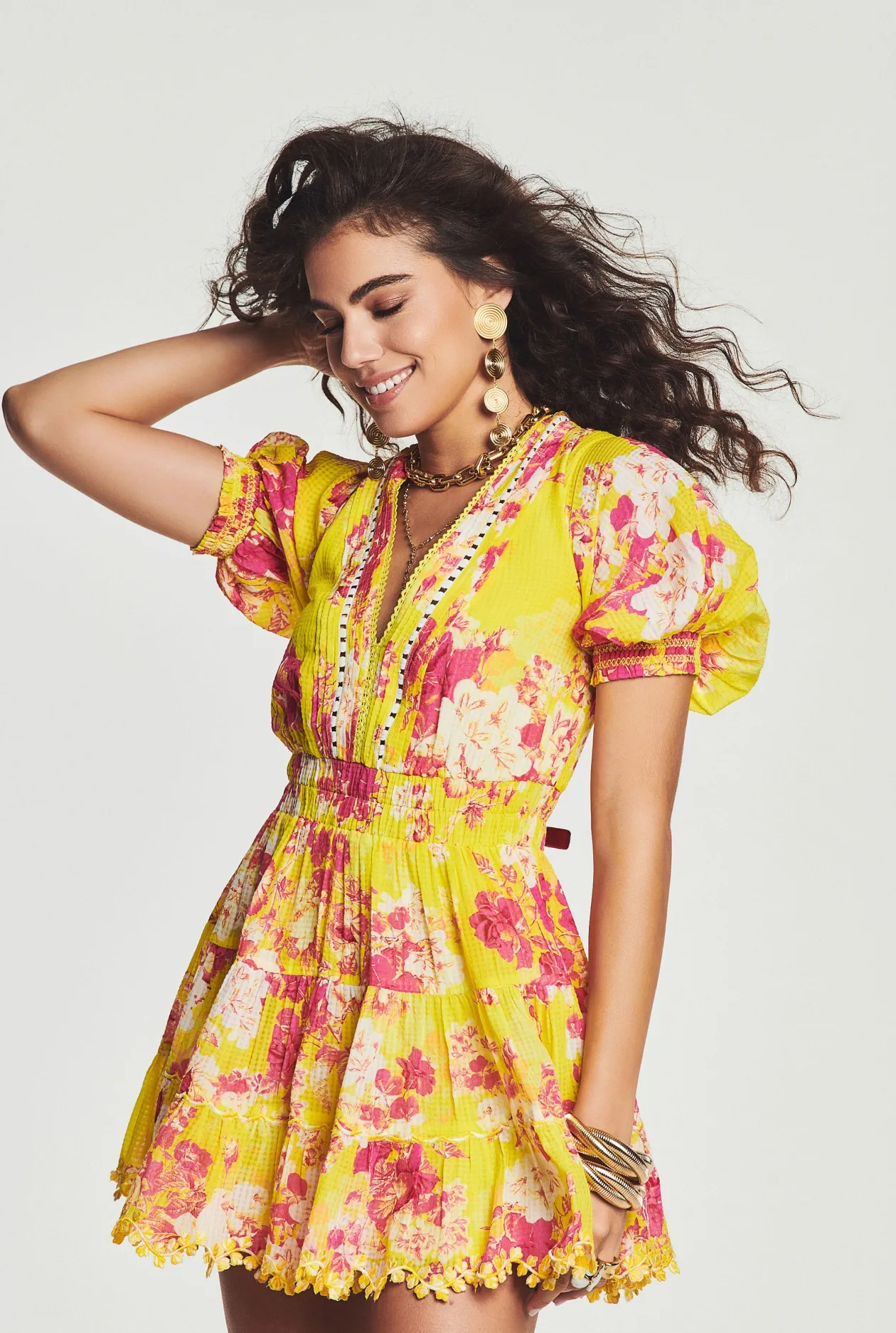 Hemant & Nandita Auril Yellow Floral Embroidered Mini Dress