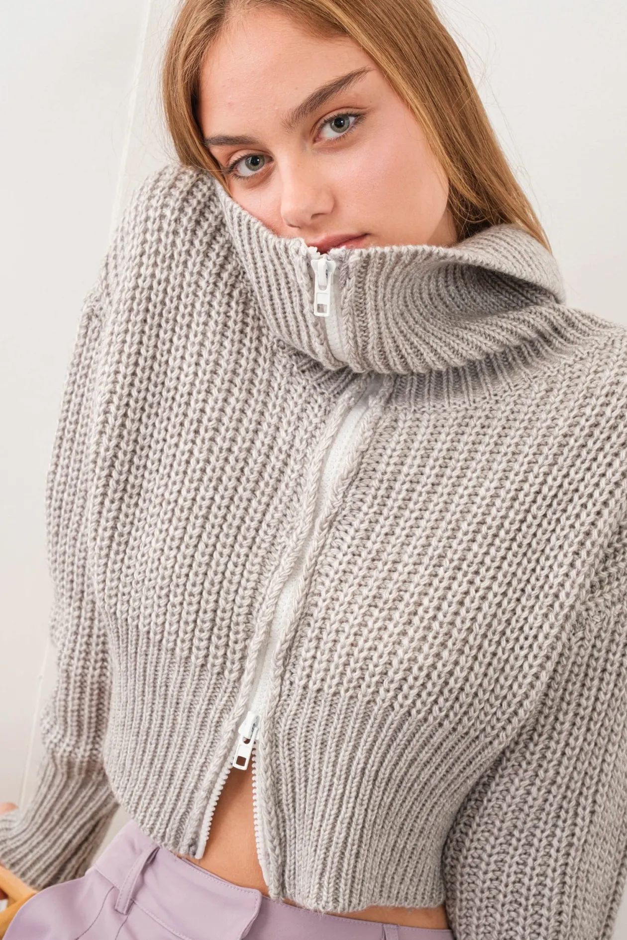 Leona Double Zip Up Neck Cropped Cardigan