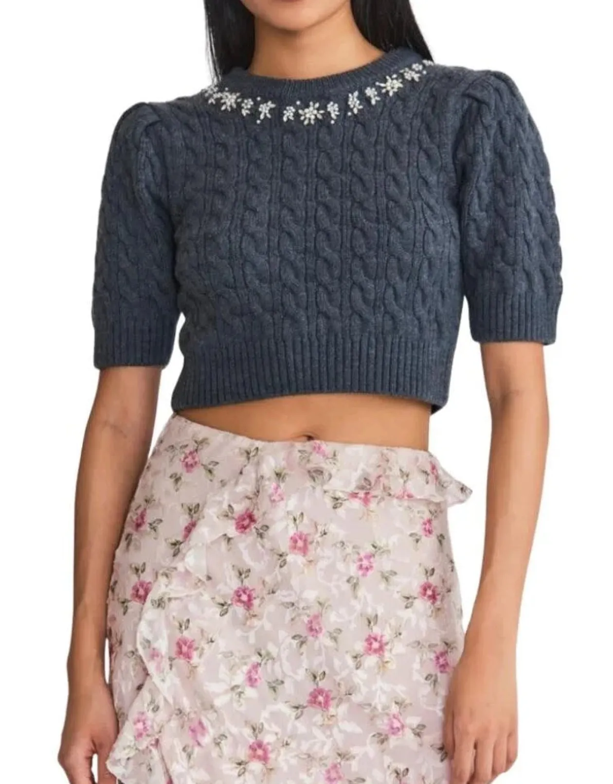 Loveshackfancy Chapelle Crop Wool Sweater in Charcoal
