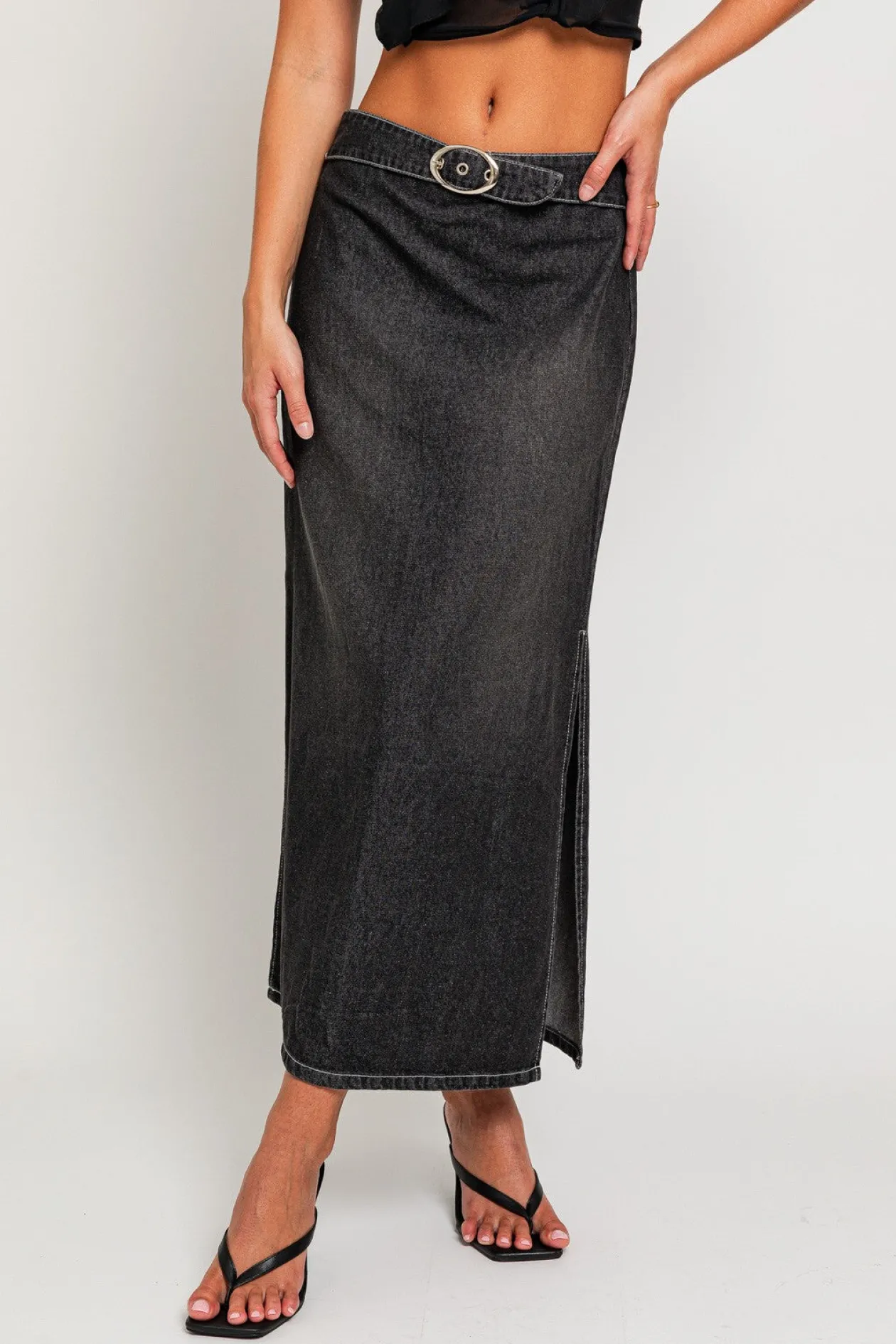 Mid Waist Washed Belted Midi Skirt