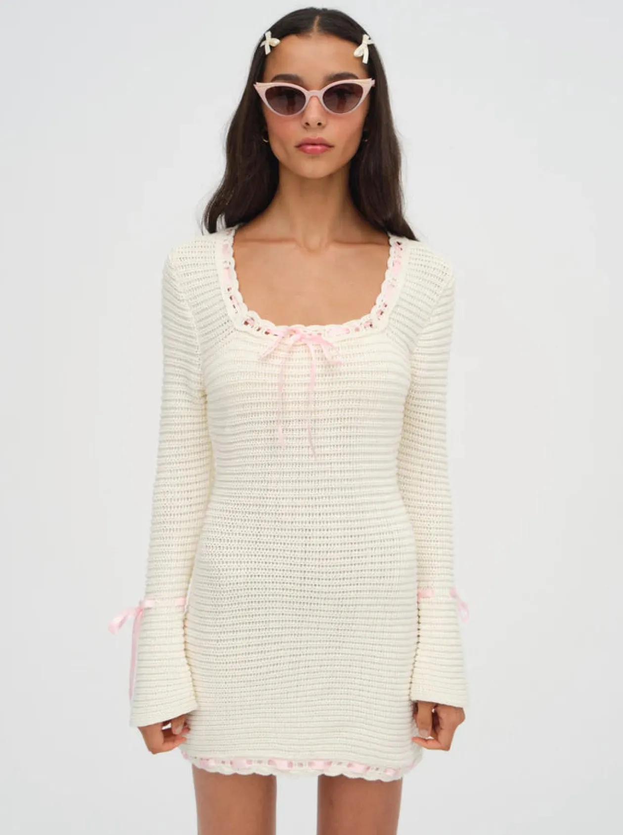 Olina Crochet Mini Dress in Cream
