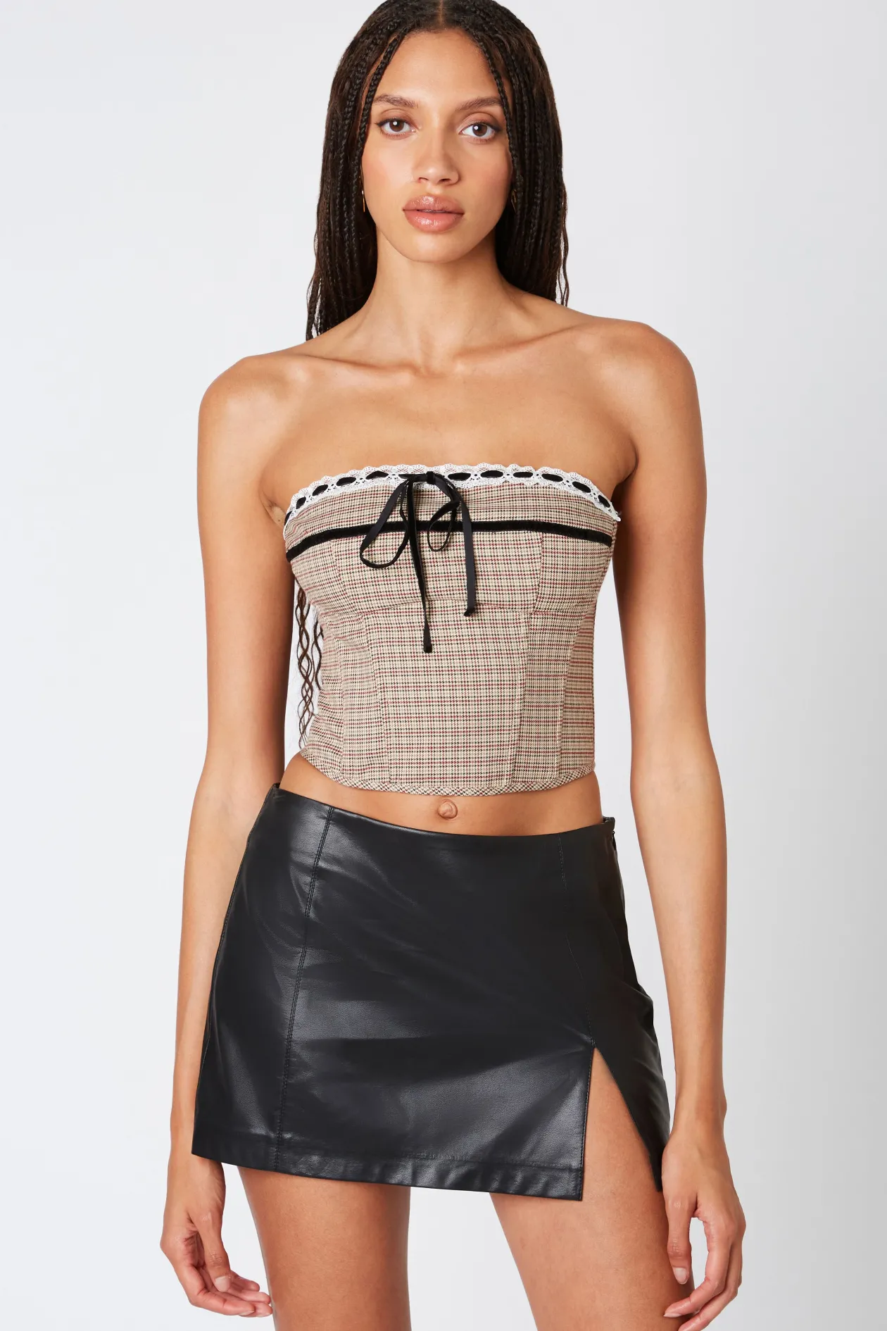 Plaid Ribbon Trim Corset Top