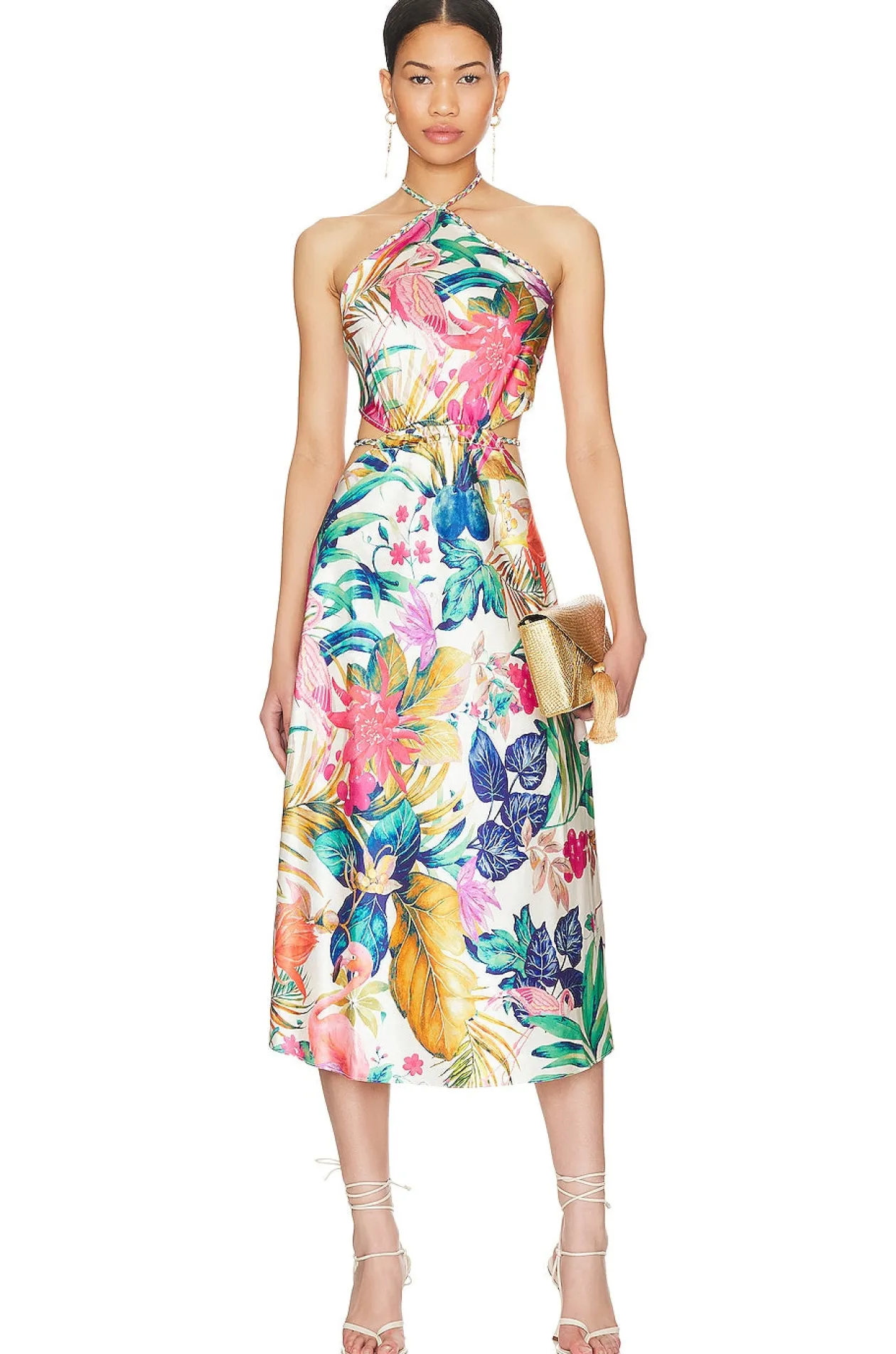 Rococo Sand Zazu Midi Dress in Motley Tropical Charmeuse Silk