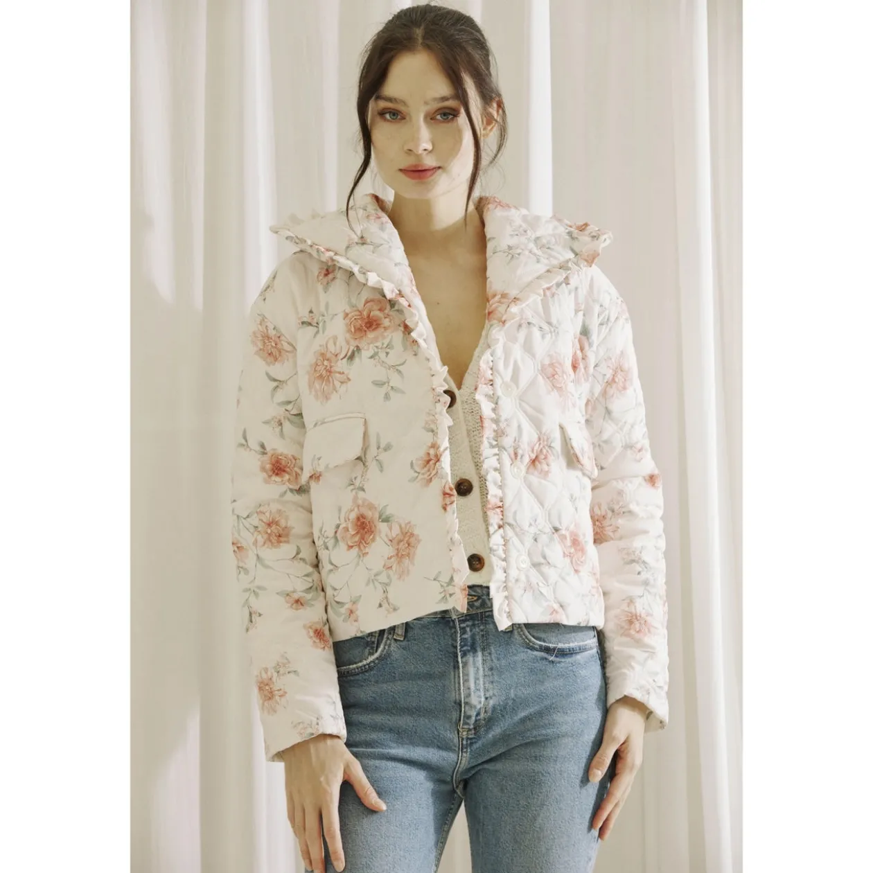 Rose Print Quilted Puffer Jacket