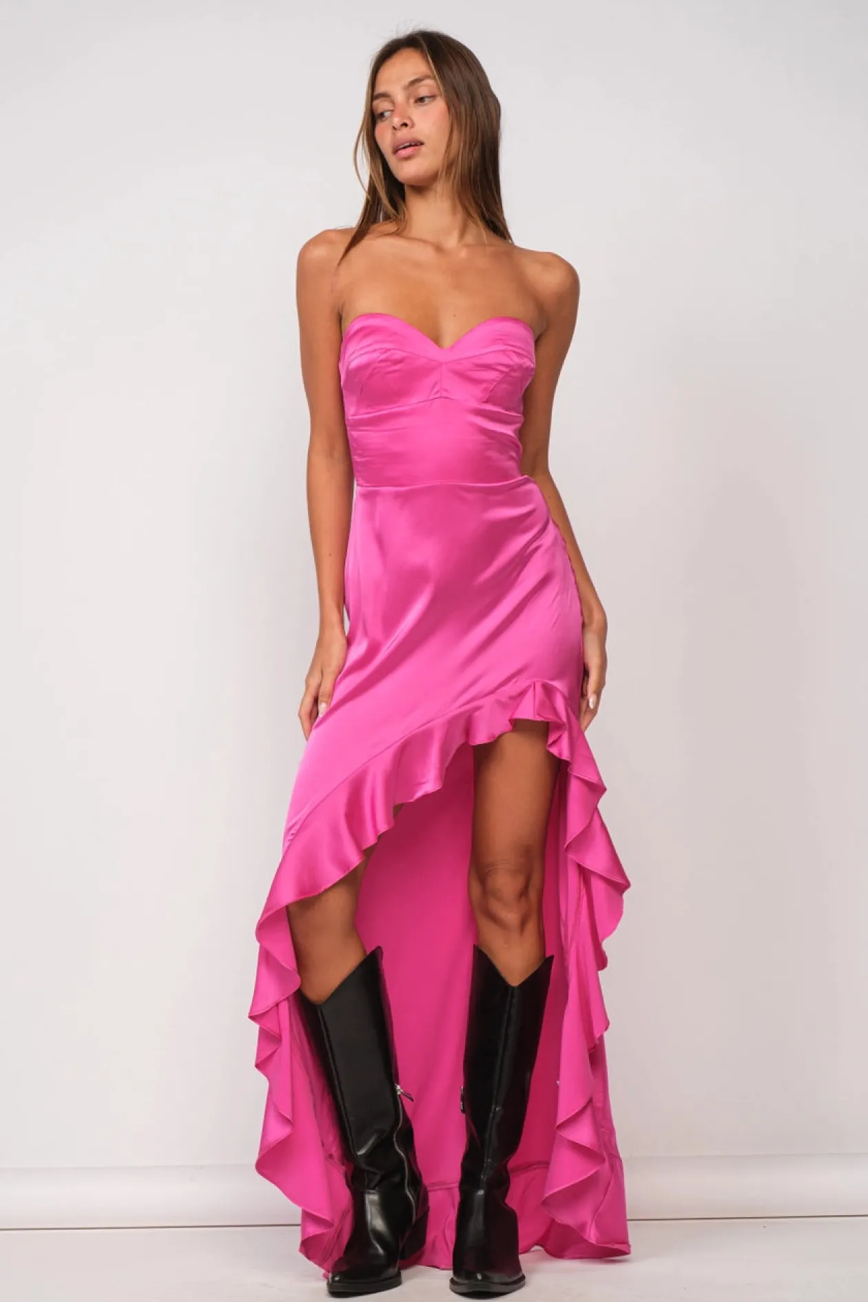 Ruffle Bottom Satin Maxi Dress in Pink