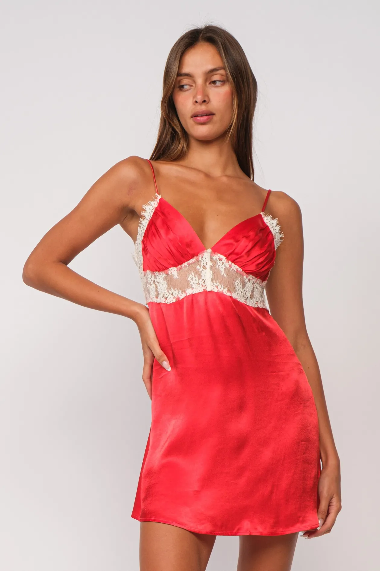 Satin Lace Trim Mini Dress in Red