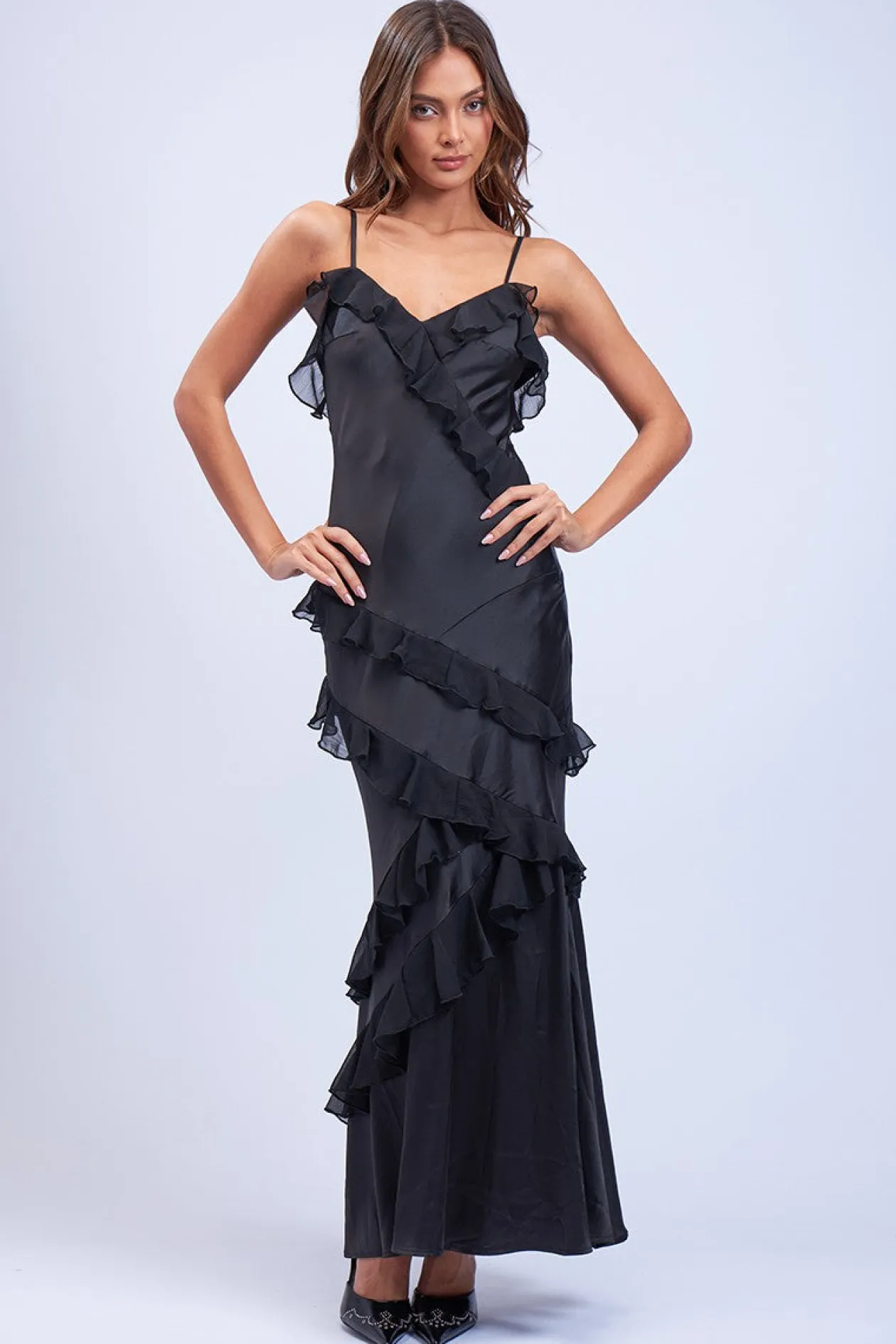 Satin Ruffle Maxi Dress