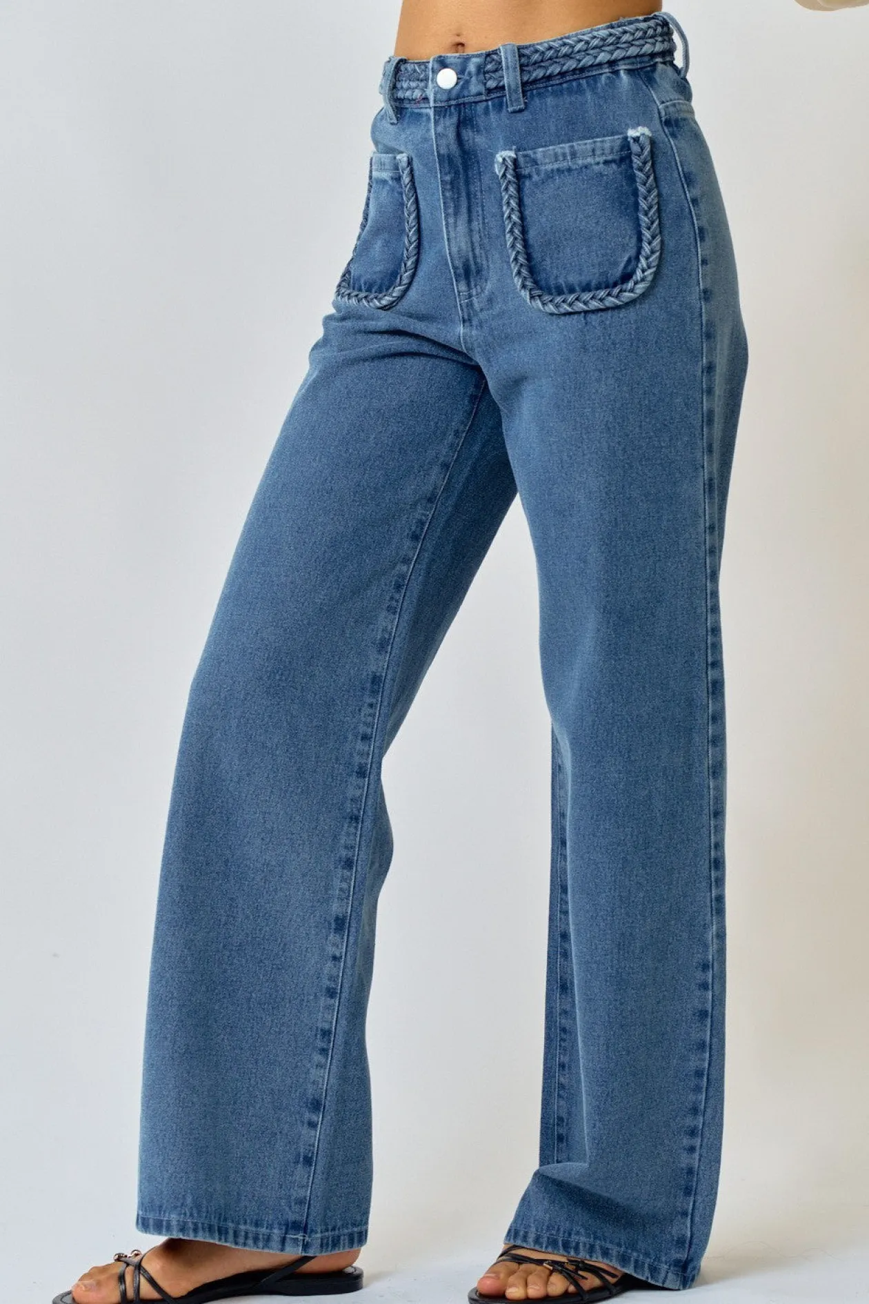 Straight Leg Denim Pants with Braided Detail