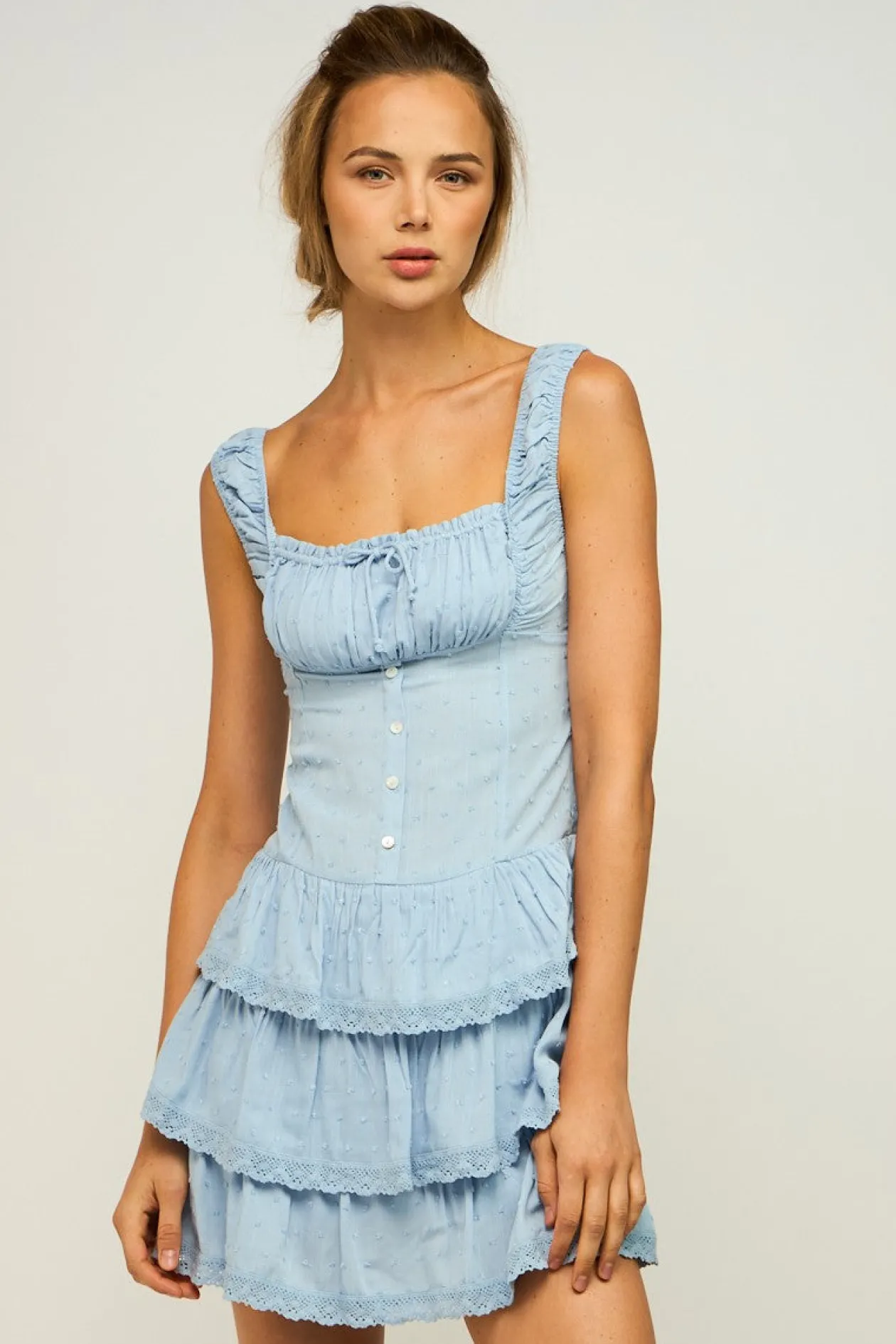 Swiss Dot Tiered Ruffle Mini Dress in Sky Blue
