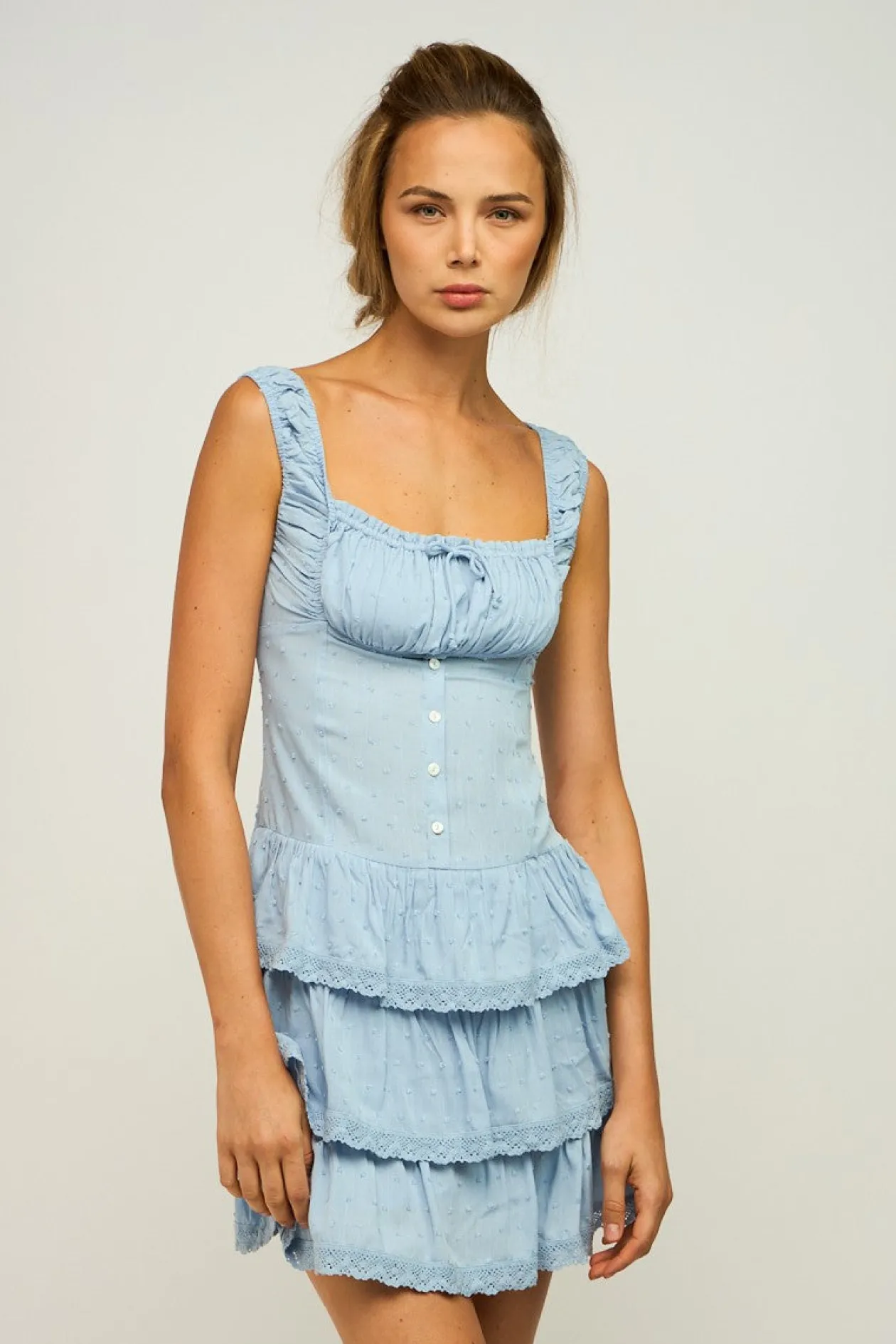 Swiss Dot Tiered Ruffle Mini Dress in Sky Blue