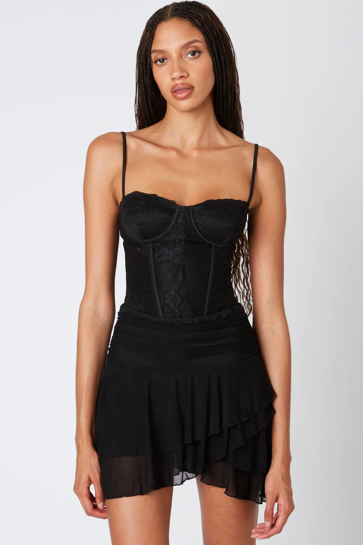 Tiered Asymmetrical Lace Mini Skirt in Black