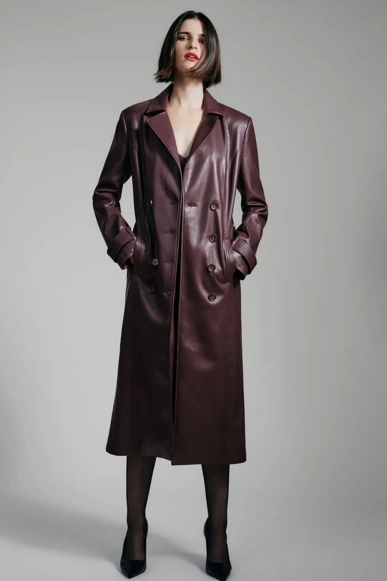 Vegan Leather Trench Coat In Plum