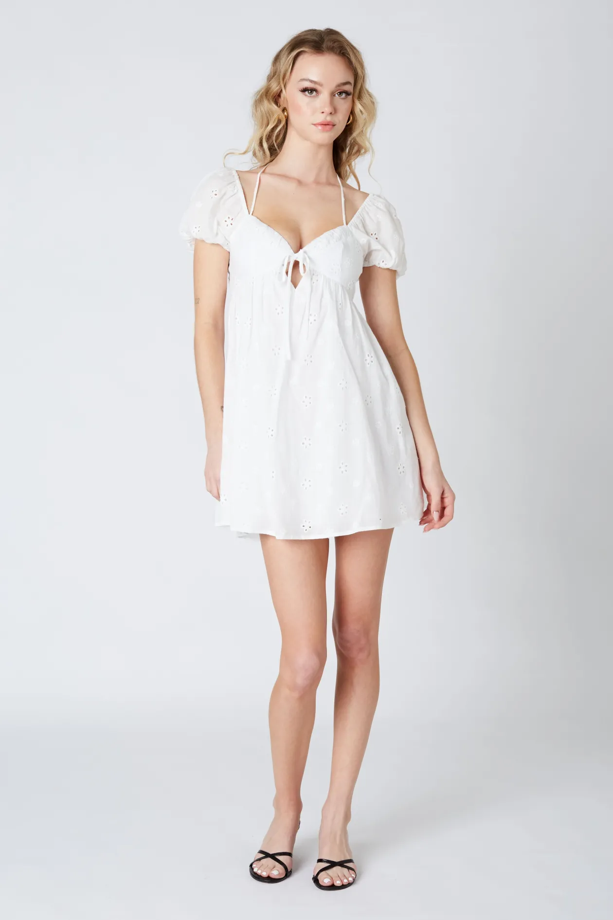 White Eyelet Babydoll Open Back Dress